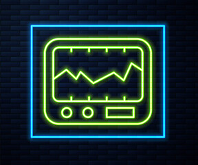 Glowing neon line Electrical measuring instrument icon isolated on brick wall background. Analog devices. Measuring device laboratory research. Vector