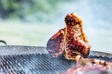 Juicy T Bone steak on a charcoal barbecue with smoke and fire in natural background