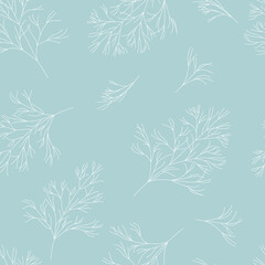 Fototapeta na wymiar Seamless pattern with sprigs of dill. White twigs on blue background. Simple botanical vector illustration with nature elements. Printing on textiles, bedding, wrapping paper, packaging.