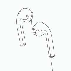 Continuous line, Wireless earbuds. Drawing of set Gadget. (Vector illustration one line drawing)