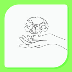 Continuous line, Tree in hands. Drawing of set Give. (Vector illustration one line drawing)