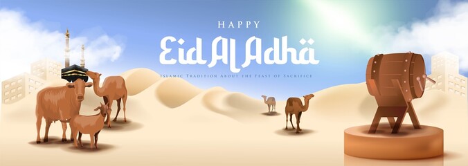 Realistic Islamic Eid Al Adha Mubarak Banner with Desert and Camel