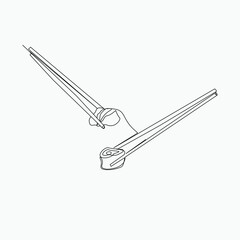 Continuous line, Chopsticks holding sushi. Drawing of set food. (Vector illustration one line drawing)