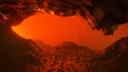 Cave on red planet or post-apocalyptic earth 3D render © gonin