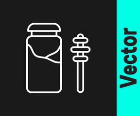 White line Jar of honey and honey dipper stick icon isolated on black background. Food bank. Sweet natural food symbol. Honey ladle. Vector