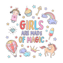 Vector magic illustration with hot air balloon, princess, unicorn, rainbow and stars. Fairytale colorful cartoon background