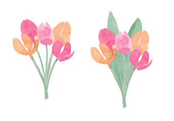 Simple tulips set, abstract watercolor free-hand illustration for postcard, invitation, banner