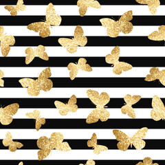 Vector seamless pattern with gold glitter butterflies on black and white stripes background - 436714993
