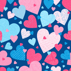 Vector love seamless pattern with grid, crumpled, handwritten letters and typewriter colorful paper hearts on blue background - 436715123
