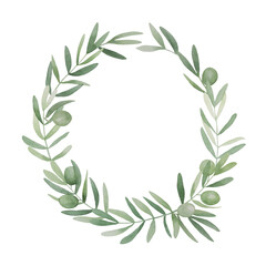 Green olive leaves wreath. Olivaceous twigs, branches, Pronence greenery frame. Watercolor free-hand illustration for postcard, invitation, banner, event flyer, poster, presentation, menu, lifestyle