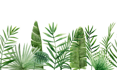 Green palm leaves seamless border. Tropical twigs, branches. Jungle florals. Watercolor free-hand illustration for postcard, invitation, banner, event flyer, poster, presentation, menu, lifestyle