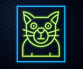 Glowing neon line Cat icon isolated on brick wall background. Animal symbol. Happy Halloween party. Vector