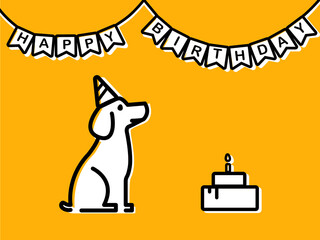 dog sitting in front of a cake and on top of a garland with the inscription happy birthday