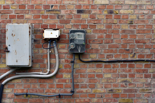 switchboard and electricity kwh submeter on the wall in outdoor