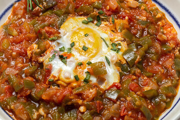 Vegetable dish pisto manchego made of tomatoes, zucchini, peppers, onions with fried egg