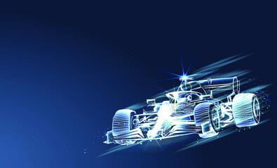 F1. Formula One on blue background. Fast motion concept. Abstract low poly vector 3d F1. Success in competition, rase winner, business win concept. Auto sport, fast automobile symbol