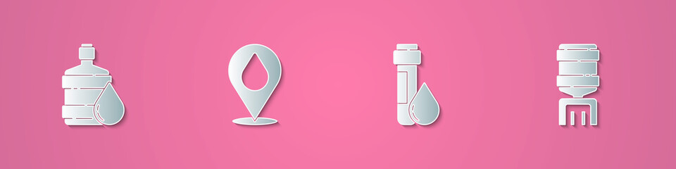 Set paper cut Big bottle with clean water, Water drop location, Test tube and cooler icon. Paper art style. Vector