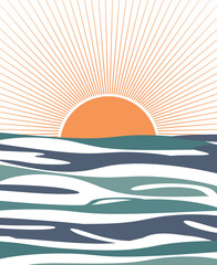 Abstract illustration of sunrise with sun and colorful sea waves decoration
- 436716982