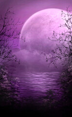 Mysterious lilac landscape with a large glowing pink moon and mystical river covered in fog, nature with dark river bank, with gloomy waters and vegetation, with silhouettes of trees and bushes.