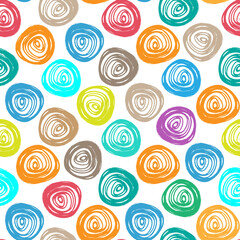 Bright colorful multicolored ink spiral circles isolated on white background. Cute seamless pattern. Vector simple flat graphic hand drawn illustration. Texture.