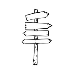 Old wooden signpost icon. Black contour linear sketch silhouette. Front vertical view. Vector simple flat graphic hand drawn illustration. The isolated object on a white background. Isolate.