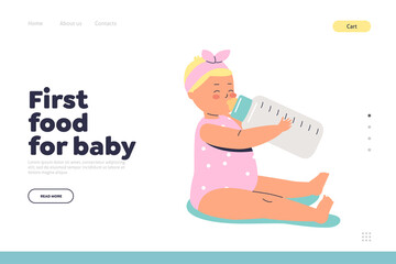 First food for baby concept of landing page with cute newborn kid with bottle of milk
