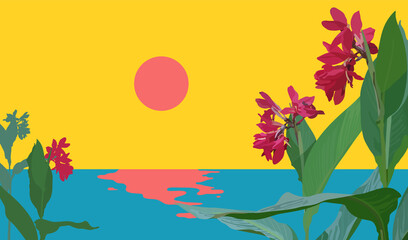 Retro - vintage tropical Canna flowers branch and beach landscape view, nostalgia 90s VHS era inspiration background design, tint bold red and yellow color, flat vector illustration - obrazy, fototapety, plakaty