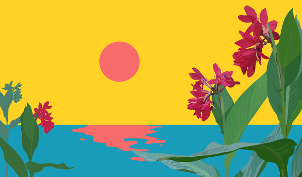 Retro - vintage tropical Canna flowers branch and beach landscape view, nostalgia 90s VHS era inspiration background design, tint bold red and yellow color, flat vector illustration