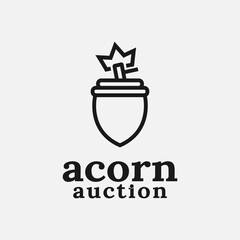 Acorn Auction Shield Logo Design Template. Suitable for auction lawyer judge advocate courthouse legislation Defender Business Company. Design in Simple Line Style.