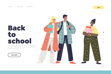 Back to school concept of landing page with pupils classmates cheerful talking