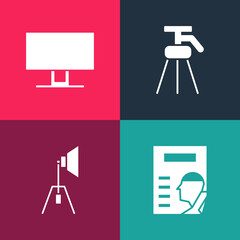 Set pop art Cinema poster, Movie spotlight, Tripod and Smart Tv icon. Vector