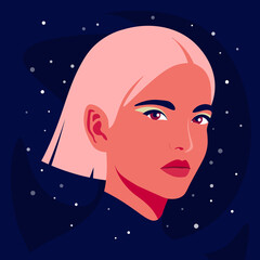 Portrait of a young woman with pink hair on a starry background. The modern witch. Vector flat illustration