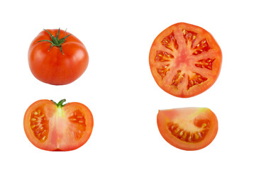 Tomatoes isolated on a white background. Tomato whole, cut, half, slice. Tomato set.