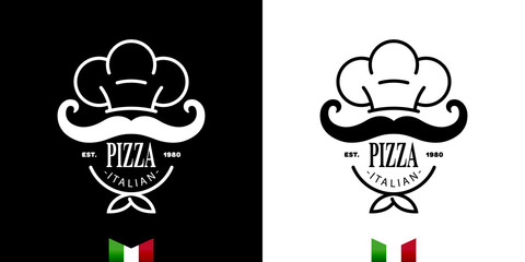 logo or emblem of italian pizzeria on white and black background. Suitable for pizza boxes, menu design or delivery. Vector, illustration