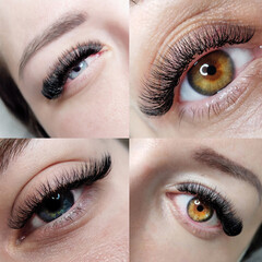 Eyes with lash extensions macro view collage 