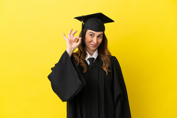 Middle aged university graduate isolated on yellow background showing ok sign with fingers