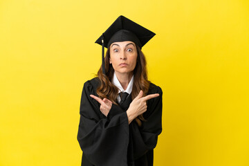 Middle aged university graduate isolated on yellow background pointing to the laterals having doubts