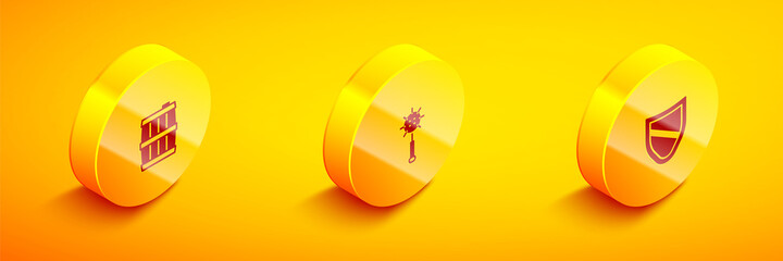 Set Isometric Wooden barrel, Medieval chained mace ball and Shield icon. Vector