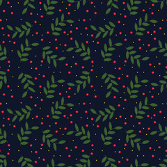 Green twigs with red and yellow berries on a dark blue background. Festive seamless pattern. Botanical collection. Christmas texture. Christmas background. For textiles, postcards, wallpapers.