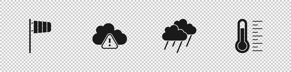 Set Cone windsock wind vane, Storm warning, Cloud with rain and Meteorology thermometer icon. Vector - obrazy, fototapety, plakaty