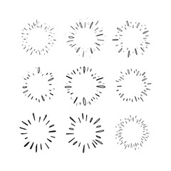 Star burst hand drawn doodles. Sunburst graphic design set. Handmade radial starburst illustrations.