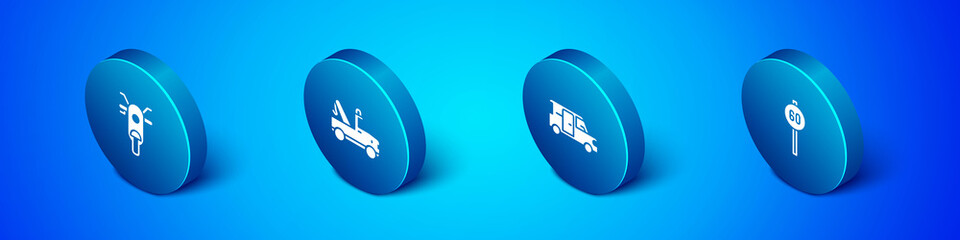 Set Isometric Scooter, Minibus, Speed limit traffic and Tow truck icon. Vector