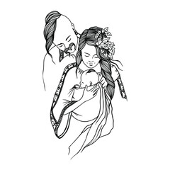 Vector illustration of Ukrainian couple in love wearing traditional costumes. Ukrainian cossack family