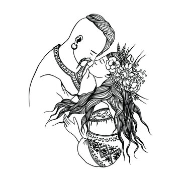 Vector illustration of Ukrainian couple in love wearing traditional costumes. Ukrainian cossack and  kozak girl.