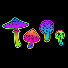 set of four bright colored mushrooms