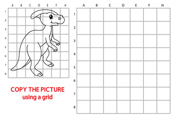Vector illustration of grid copy educational puzzle game with happy cartoon dinosaur character for children