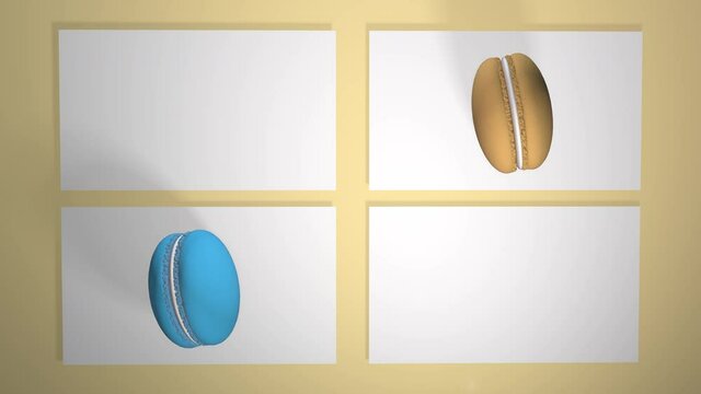 5 ps Colorful macaroni cakes, photographed on a colored paper background. A pattern with rotating macaroons. Realistic 3D animation with shadows. Looped video.