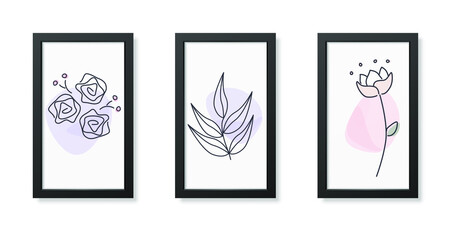 Three minimalist posters of flower , wall decor, flat design,poster design-vector