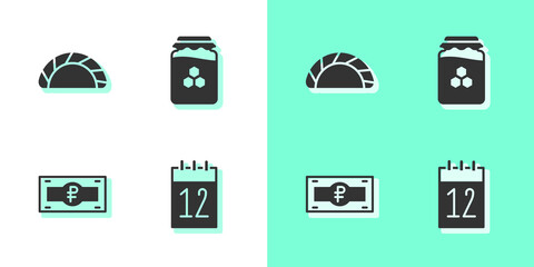 Set Calendar 12 june, Dumpling, Russian ruble banknote and Jar of honey icon. Vector