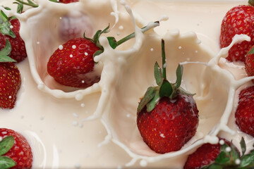 red ripe strawberries and white cream. homemade yogurt.